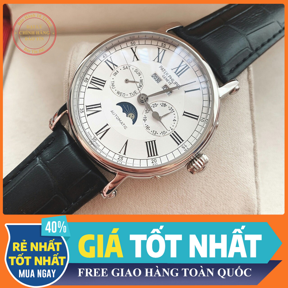 { RẺ VÔ ĐỐI }{ BẢO TÍN ĐỒNG HỒ SHOP SỊN LAZADA } Đồng Hồ Patek philippe white for Men Automatic Trăng Sao Số La Mã Dây Da + Thẻ Bảo Hành