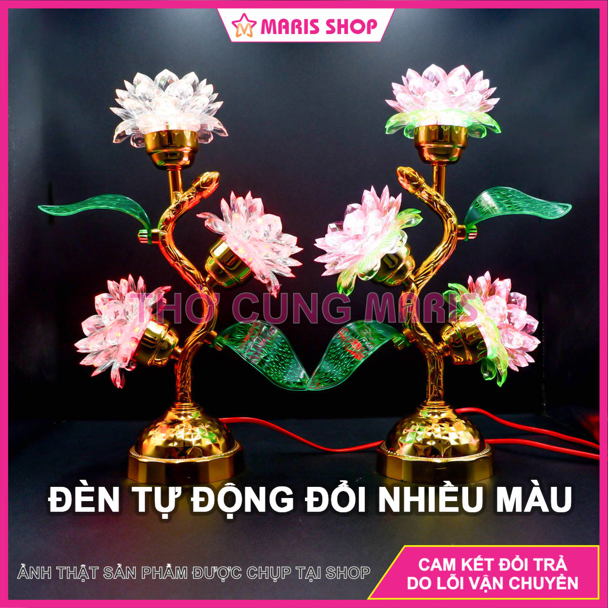  Đèn Thờ Hoa Sen 3 Bông Cao 35cm LED Tự Động Đổi Nhiều Màu Để Bàn Thờ Phật Ông bà Gia Tiên 