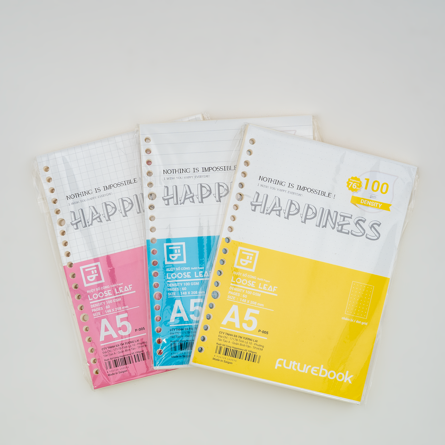 Giấy Refill ruột sổ còng Binder Happiness A5 20 chấu dòng kẻ caro chấm dot kẻ ngang, làm sổ tay Planner, văn phòng phẩm FUTUREBOOK