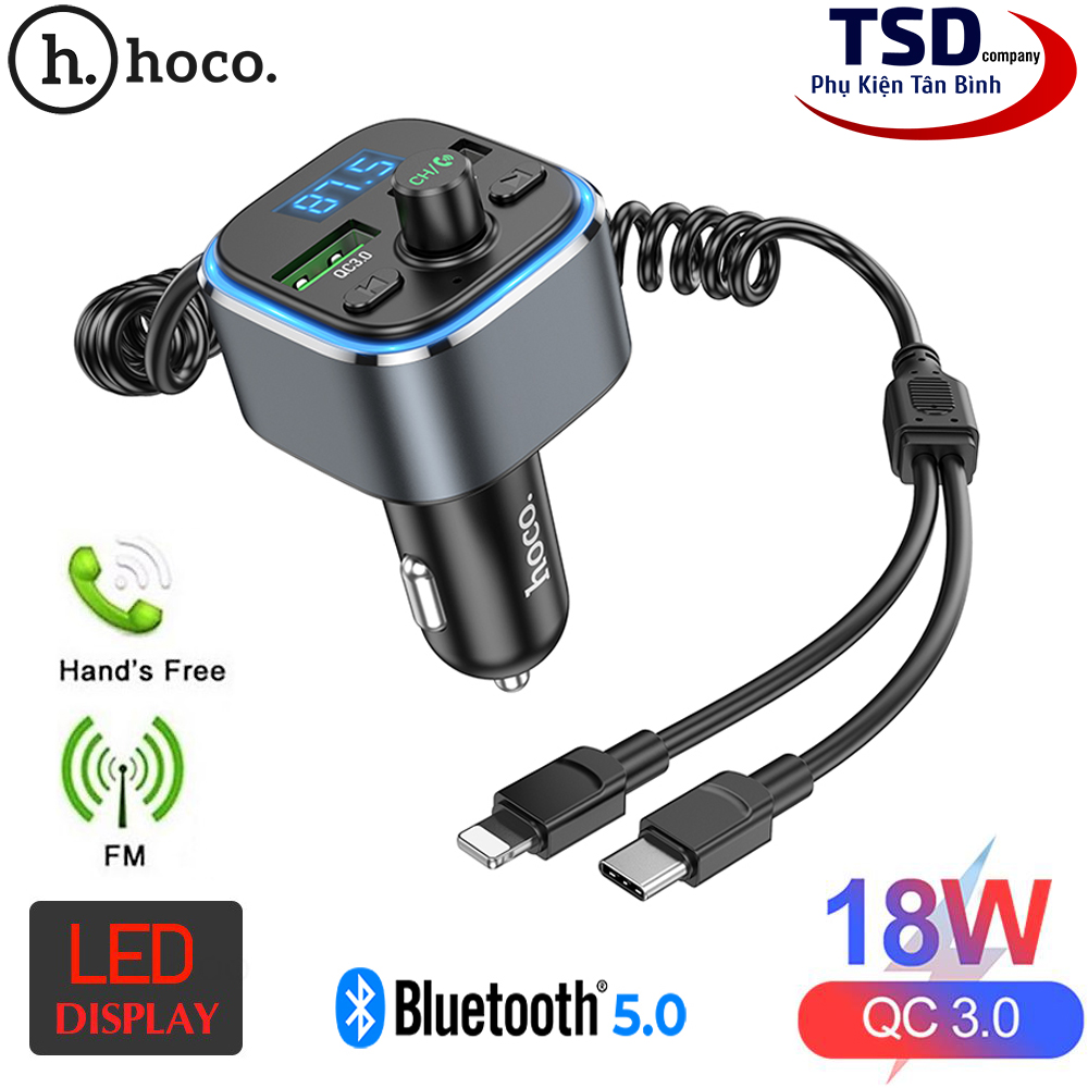 Tẩu Sạc Xe Hơi Đa Năng Hoco E74 Chính Hãng Tích Hợp Cáp Sạc, Bluetooth, FM