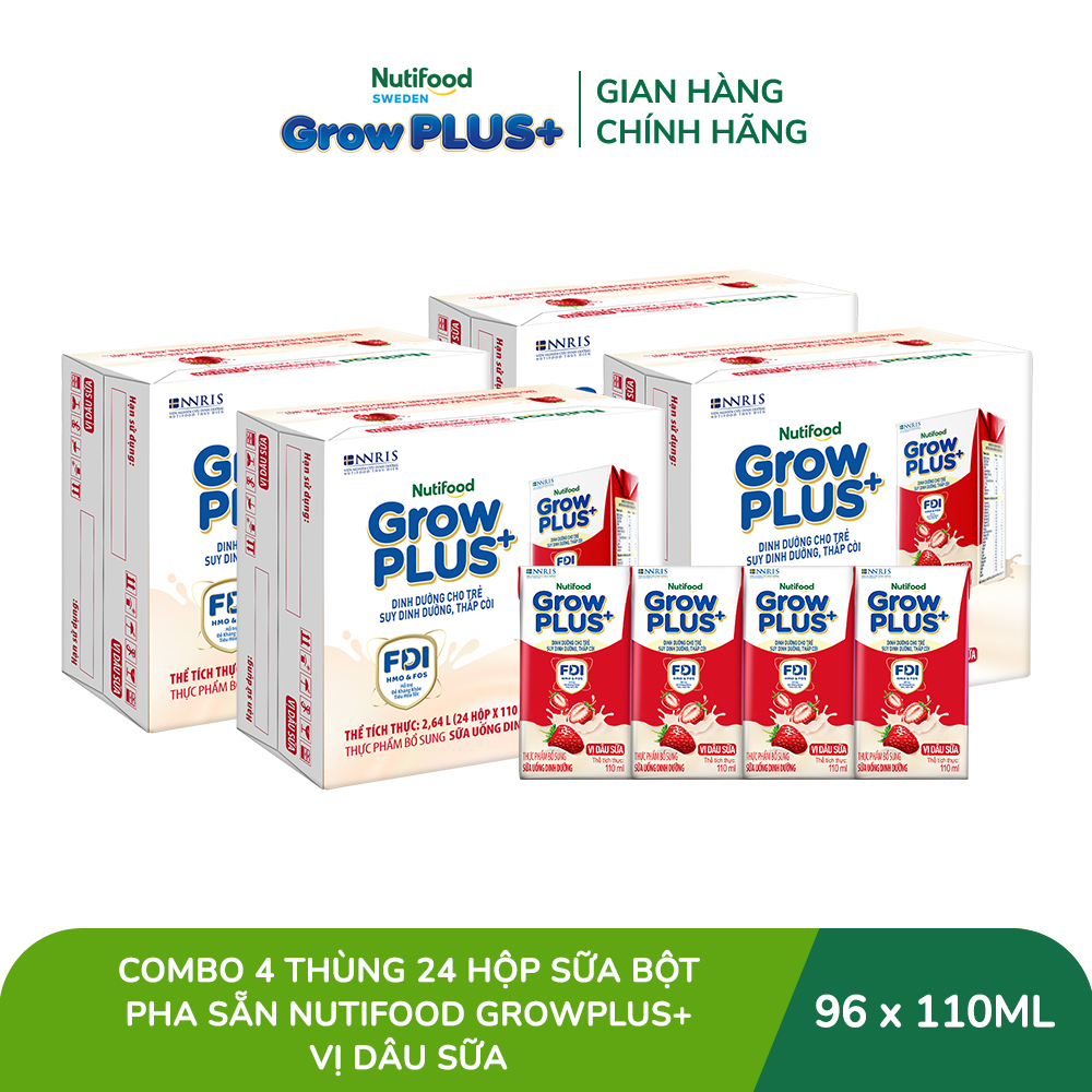 Combo 4 Thùng 24 hộp Sữa bột pha sẵn Nutifood GrowPLUS+ Vị Dâu Sữa hộp 110ml - Hỗ trợ phát triển cân nặng