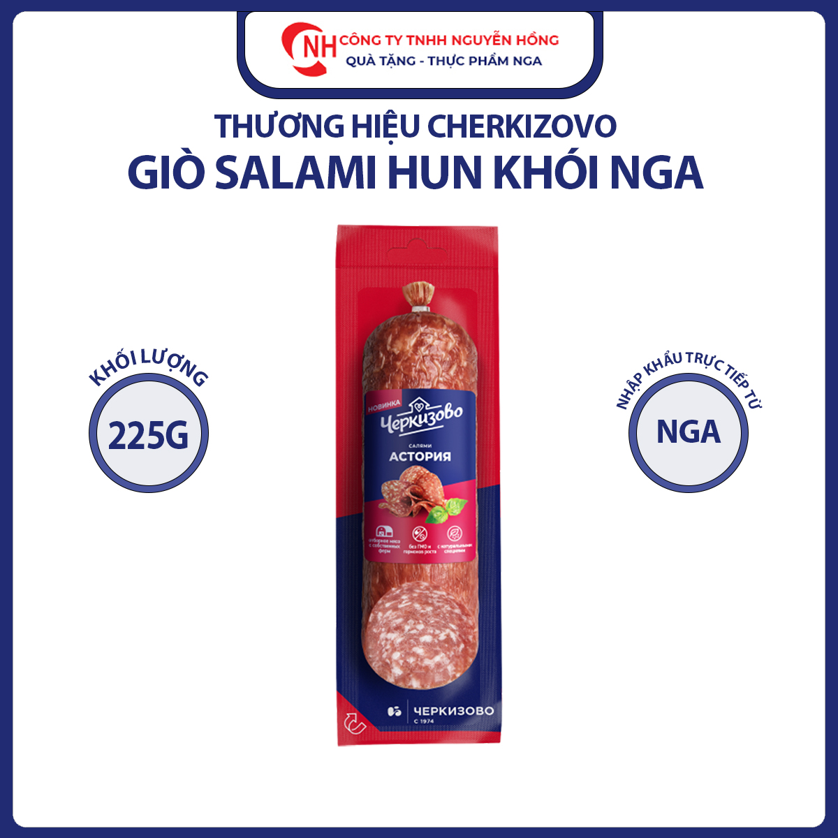 Salami hun khói nhập khẩu Nga 225gr, xúc xích xông khói, salami Chekizovo Borodinskaya - Nguyễn Hồng Company