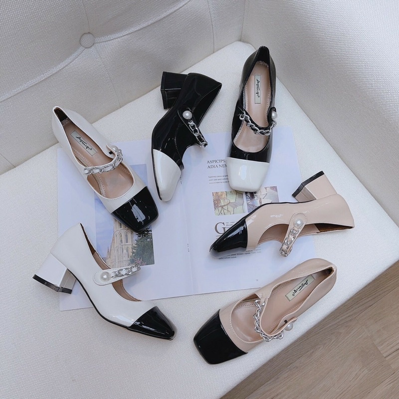 Giầy Cao gót giá rẻ Quai Ngang Đính Ngọc Đế Vuông 5cm