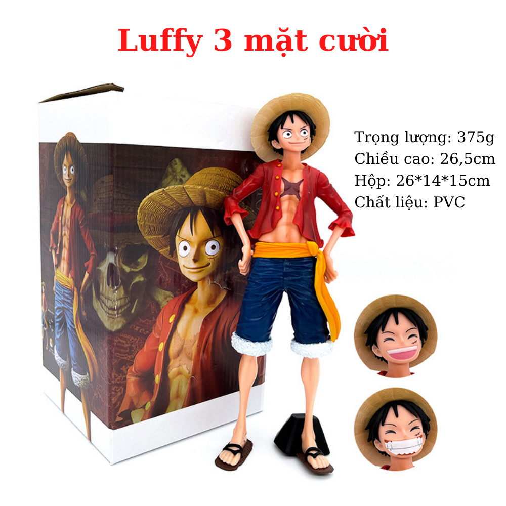 Khám phá Mô hình One Piece Luffy 3 Mặt Biểu Cảm Cao 26.5 cm hàng cao cấp này và trải nghiệm sự sống động của Luffy như chưa từng thấy! Với biểu cảm vui tươi, nghiêm túc và nghiêng cổ cực kỳ sinh động, mô hình Luffy này sẽ đem lại cho bạn những giây phút thư giãn đầy thú vị.