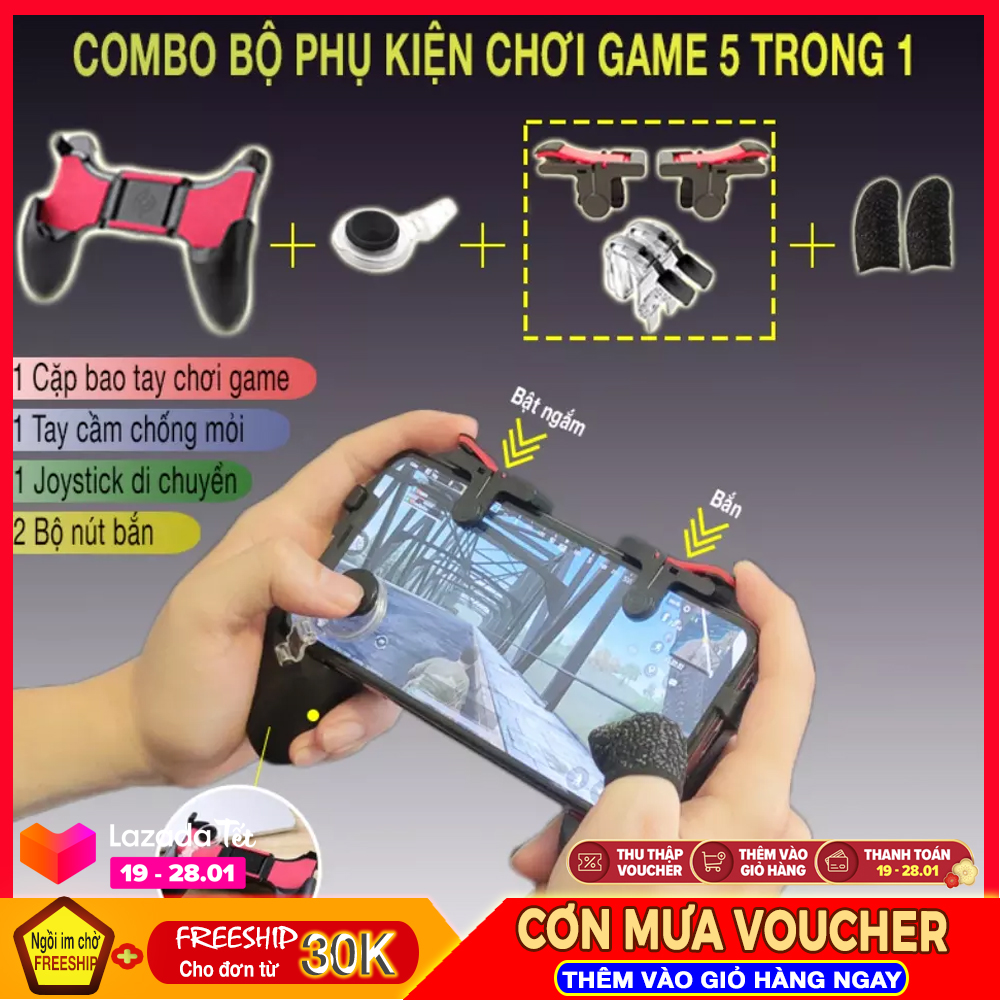 Combo 5in1 bộ phụ kiện chơi game Mobile Pugb Freefire Ros 1 tay cầm chơi game + 1 cặp bao tay chống mồ hôi + 2 bộ nút bắn + 1 joystick di chuyển