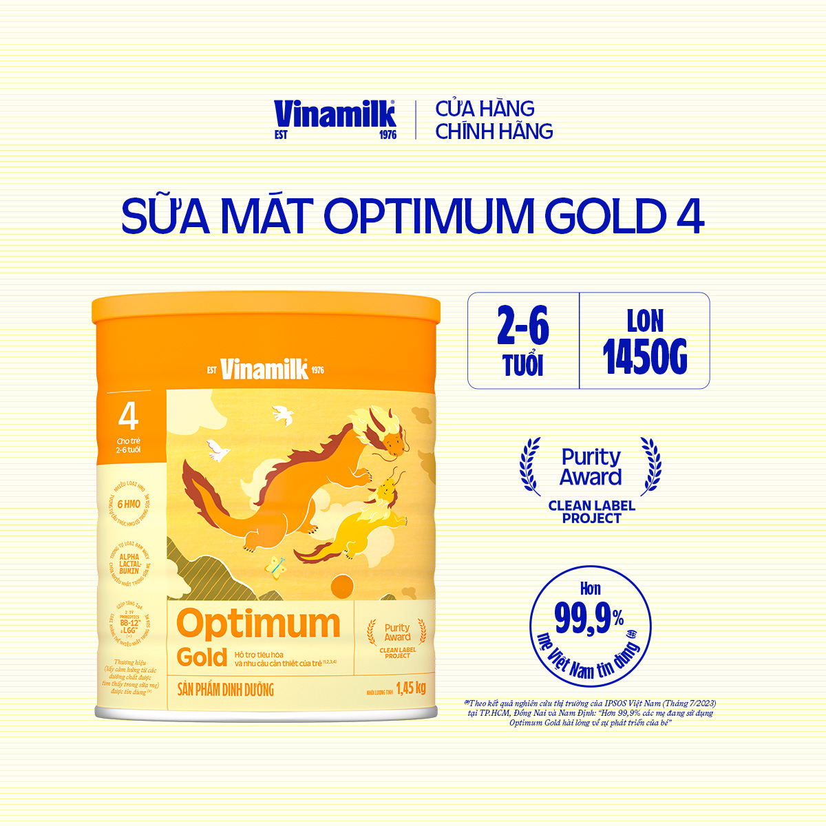 Sữa bột Vinamilk Optimum Gold 4 Hộp thiếc 1450g (cho trẻ từ 2- 6 tuổi) - Sữa công thức Chất lượng quốc tế, phát triển toàn diện