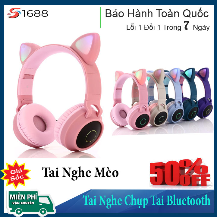 Tai Nghe Chụp Tai Mèo Bluetooth, Headphone Tai Mèo Dễ Thương Có Mic, Âm Bass Mạnh Mẽ Và Dung Lượng Pin Khủng - BH 12 Tháng