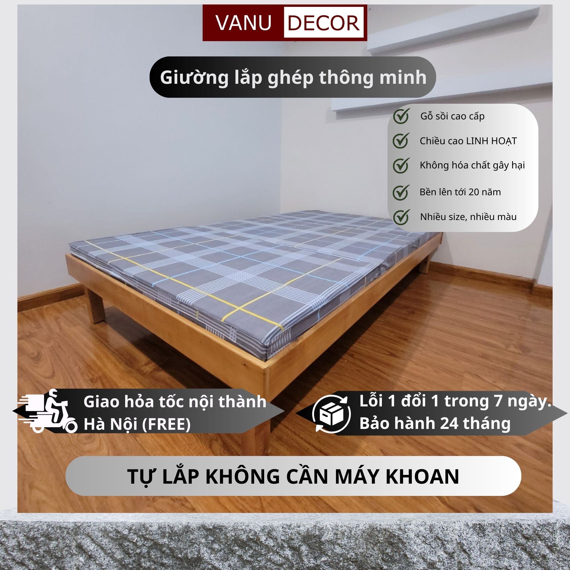 Giường ngủ - Giường gỗ VANU DECOR Dễ Dàng Tháo Lắp Không Cần Máy Khoan - Kích Thước 1m2x2m- decor phòng ngủ