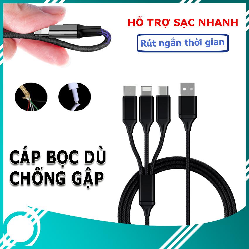 Cáp sạc đa năng 3 đầu lightning - microusb - type-c dài 1m2 sạc 3 thiết bị cùng một lúc.cáp sạc nam châm,cáp sạc iphone,cáp sạc type c,cáp sạc sam sung,cáp sạc anker,cáp sạc nhanh.