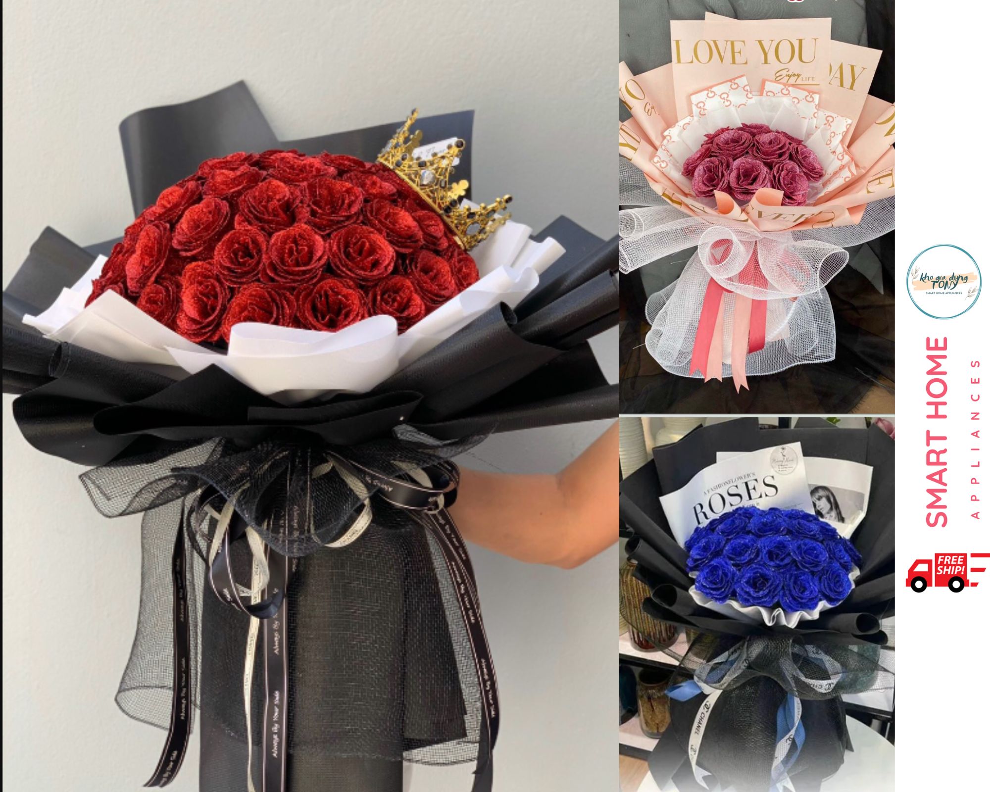  Bó hoa hồng nhũ kim tuyến bó 10 12 20 30 bông cao cấp sang trọng kèm vương miệng - quà tặng ý nghĩa 