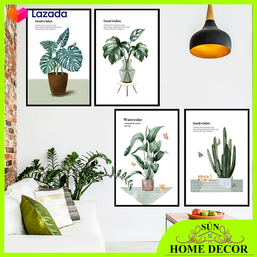 [SET 4 TRANH] Decal dán tường chậu cây phong thủy, tranh dán tường trang trí phòng khách, phòng ngủ