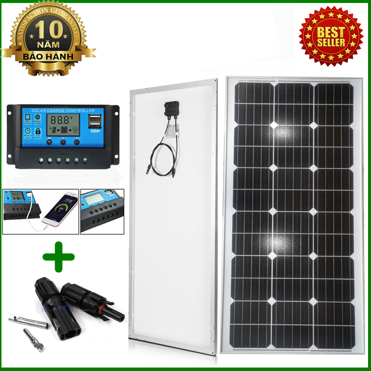 Tấm Pin năng lượng mặt trời đơn tinh thể Mono 110W tặng điều khiển sạc 30A 12V/24V LCD (công suất 360w) + jack MC4