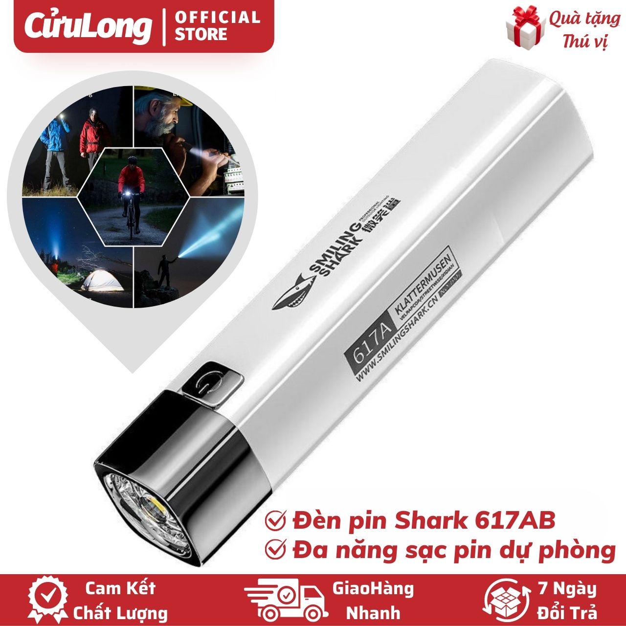 Đèn Pin Mini Smile Shark 617 bin sạc điện chống nước chiếu xa ánh sáng mạnh cầm tay bỏ túi có chức năng làm sạc dự phòng gắn xe đạp