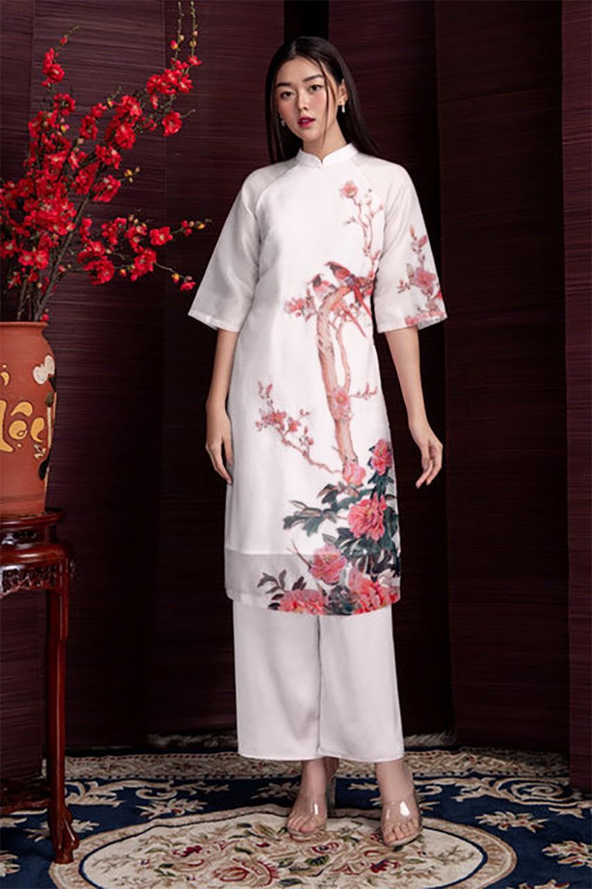 [HCM]ÁO DÀI CÁCH TÂN IN HỌA TIẾT HOA VÀ CHIM 2 LỚP_AD01