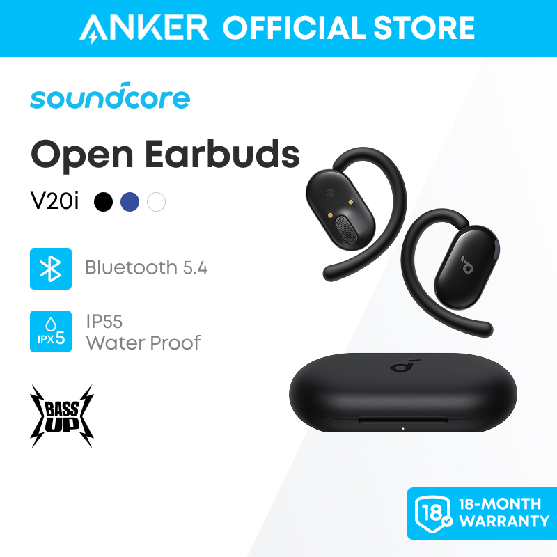 Tai Nghe Không Dây Soundcore V20i by Anker Open-Ear Headphones Tai nghe bluetooth Adjustable Ear Hooks Ultra-Comfort Snug Fit Punchy Bass Clear Calls IP55 LED Lights 36H Playtime Bluetooth 5.4 Earbuds Multipoint Connection Model: A3876