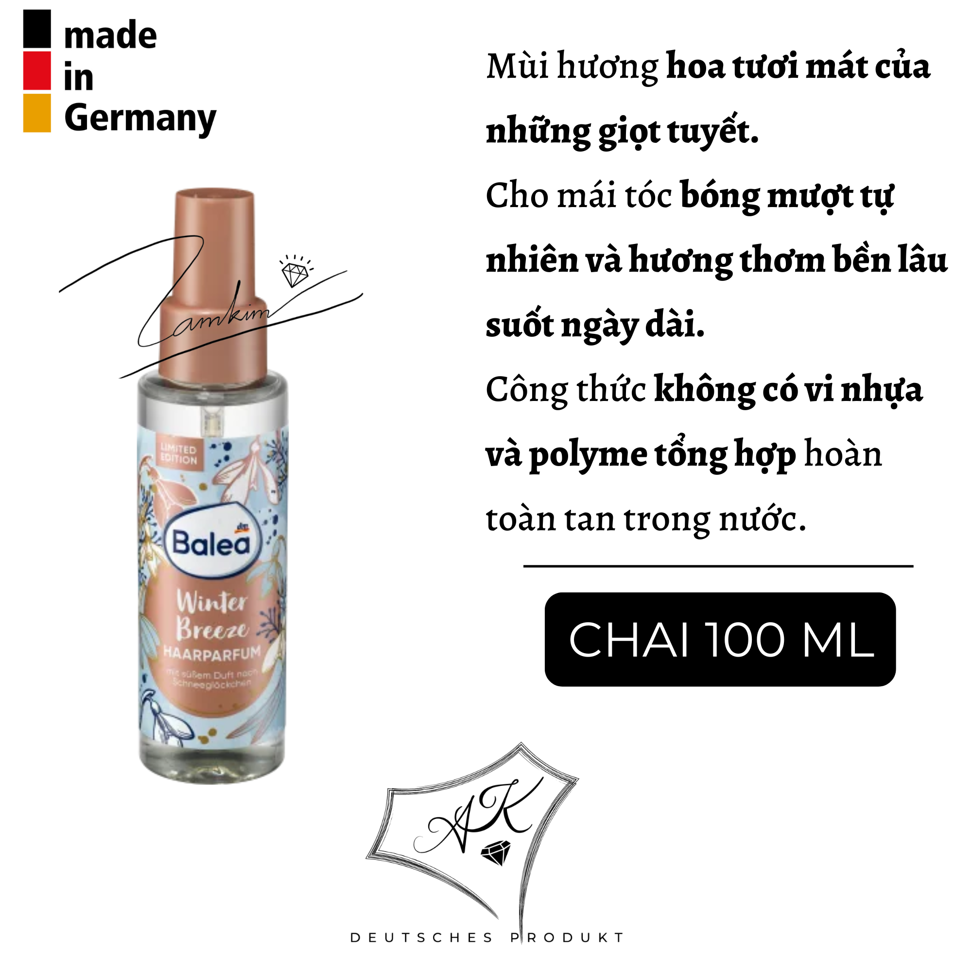 Nước hoa xịt tóc, khử mùi, dưỡng ẩm Balea - 100ml