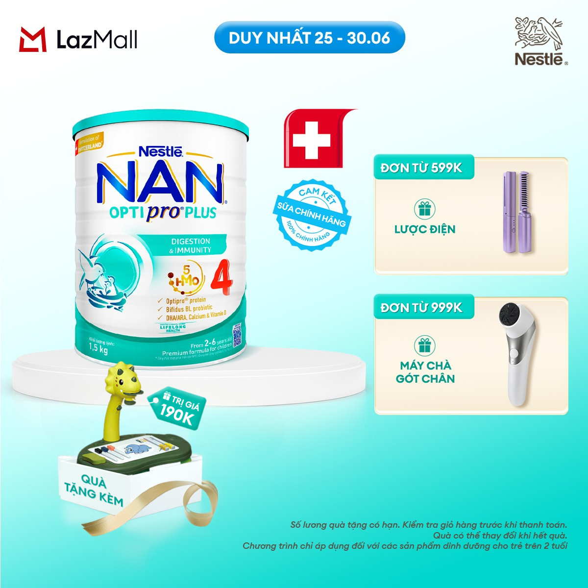 [CHỈ 25-30.06 QT ĐƠN 599K/999K][Tặng Đồ chơi kèm đèn chiếu hoạt hình] Sữa bột Nestlé NAN OPTIPRO PLUS 4 1500g/lon với 5HMO Giúp tiêu hóa tốt