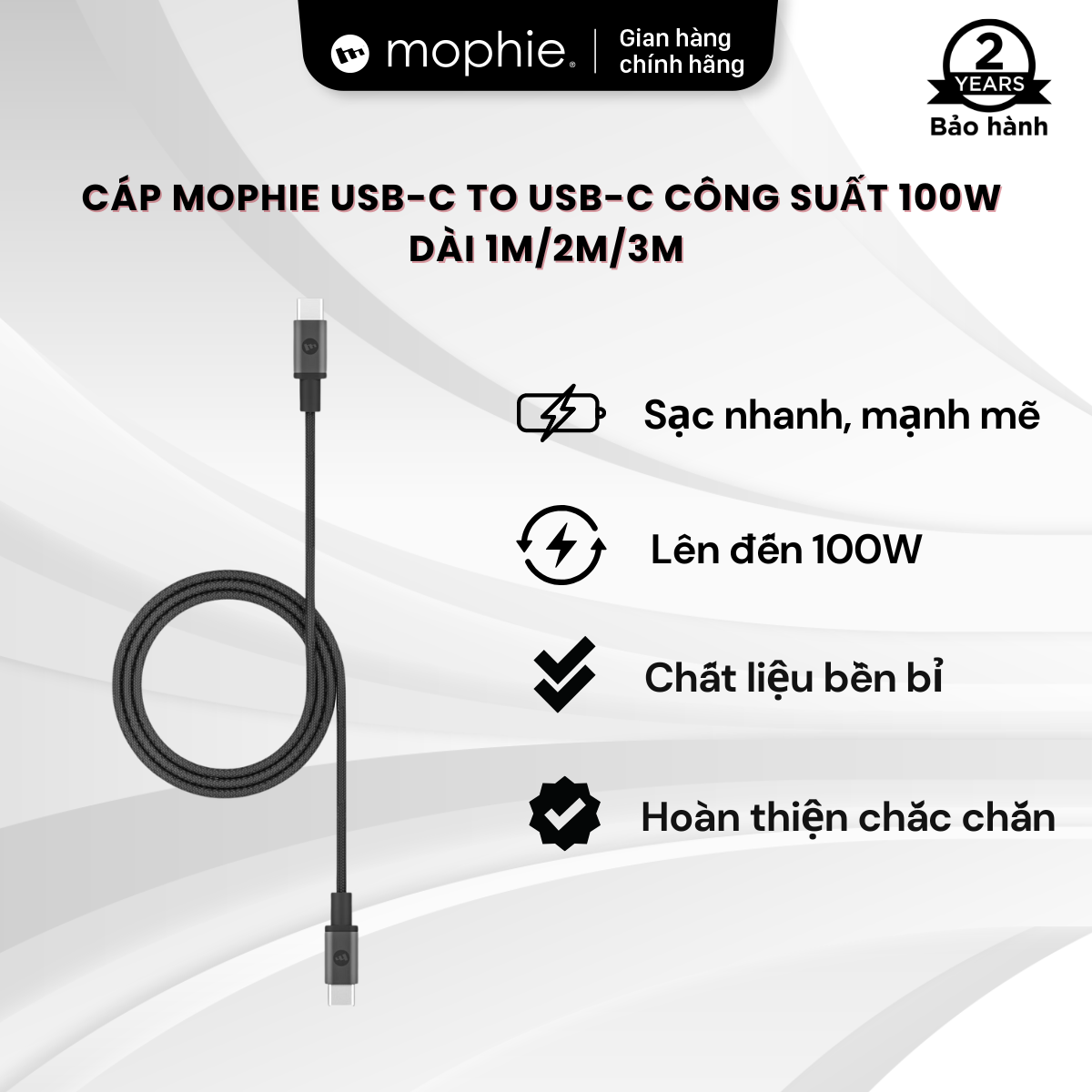Dây cáp mophie usb-c to usb-c 100w 1m/2m/3m dành cho ip/táo/ samsung có mfi - hàng chính hãng