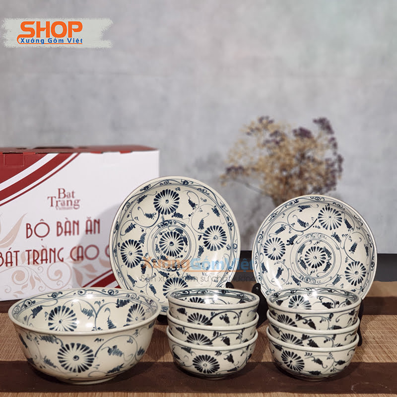 COMBO bộ bát đĩa cúc đen giả cổ gồm 9 món trang trí bàn ăn đẹp mắt và sang trọng hàng Bát Tràng - XƯỞNG GỐM VIỆT