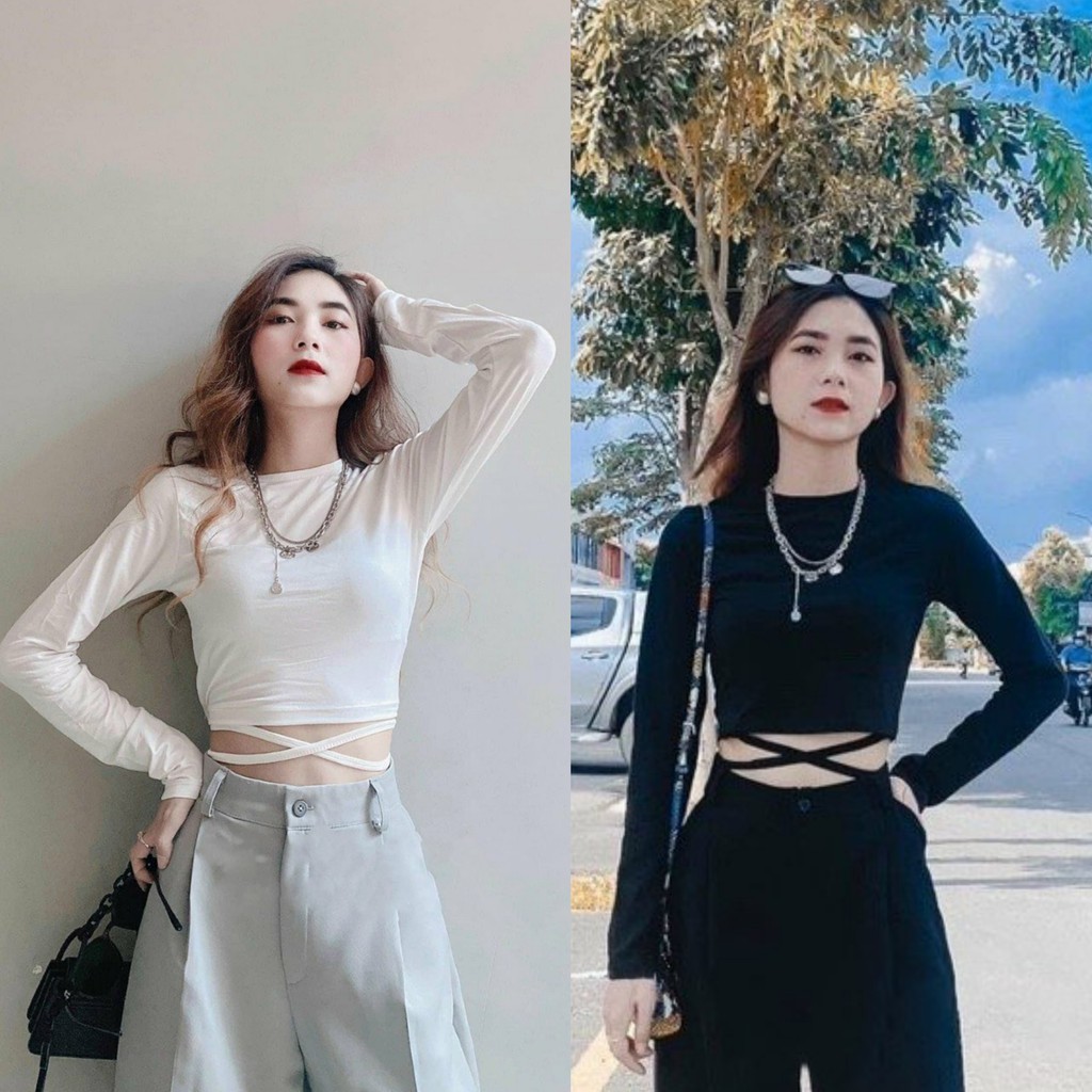 [HCM][HÌNH THẬT] ÁO CROPTOP CỘT DÂY HỞ EO ÔM BODY CO GIÃN - ÁO THUN DÀI TAY CRT TRƠN BASIC TRẮNG ĐEN ULZZANG CÁ TÍNH 24