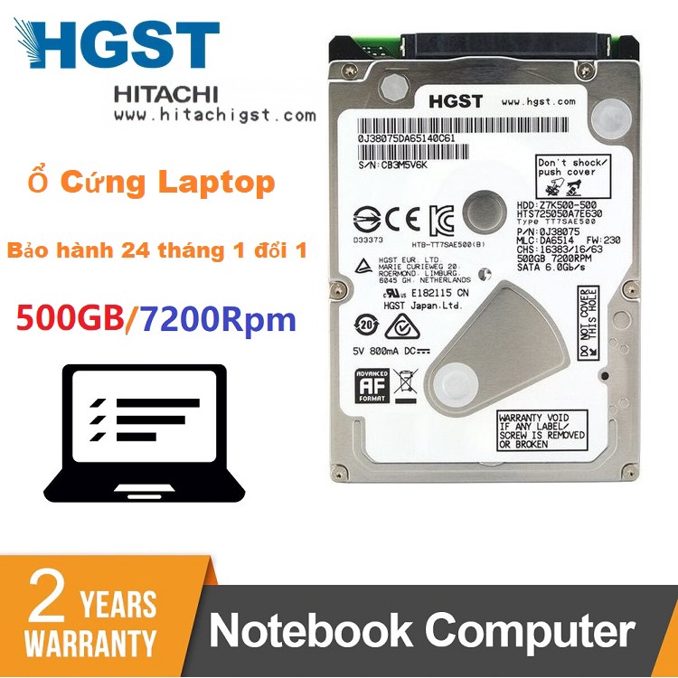 Ổ cứng hdd laptop 500gb 2.5 inch 7200rpm hgst hitachi bảo hành 24 tháng