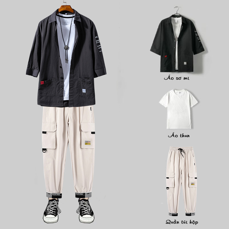 Set Bộ Quần Áo Nam Ba Món Áo Sơ Mi Cổ Đức Túi Hai Bên Cá Tính Kết Hợp Với Quần Túi Hộp Bo Ống Đi Kèm Áo Phông Năng Động Thời Trang 4HER SET NAM 90000150