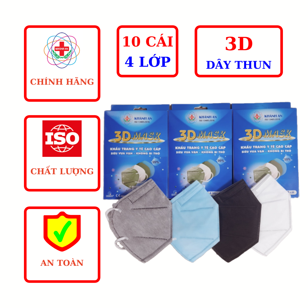 Hộp 10 cái khẩu trang y tế 4 lớp 3D MASK Khánh An KN95 kháng khuẩn cao cấp siêu vừa vặn, Không bí thở