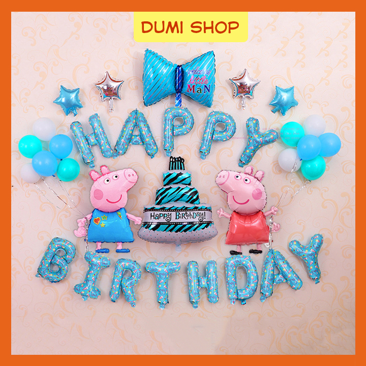 Set bong bóng trang trí sinh nhật hình heo màu xanh dễ thương có kèm bơm – dumi shop