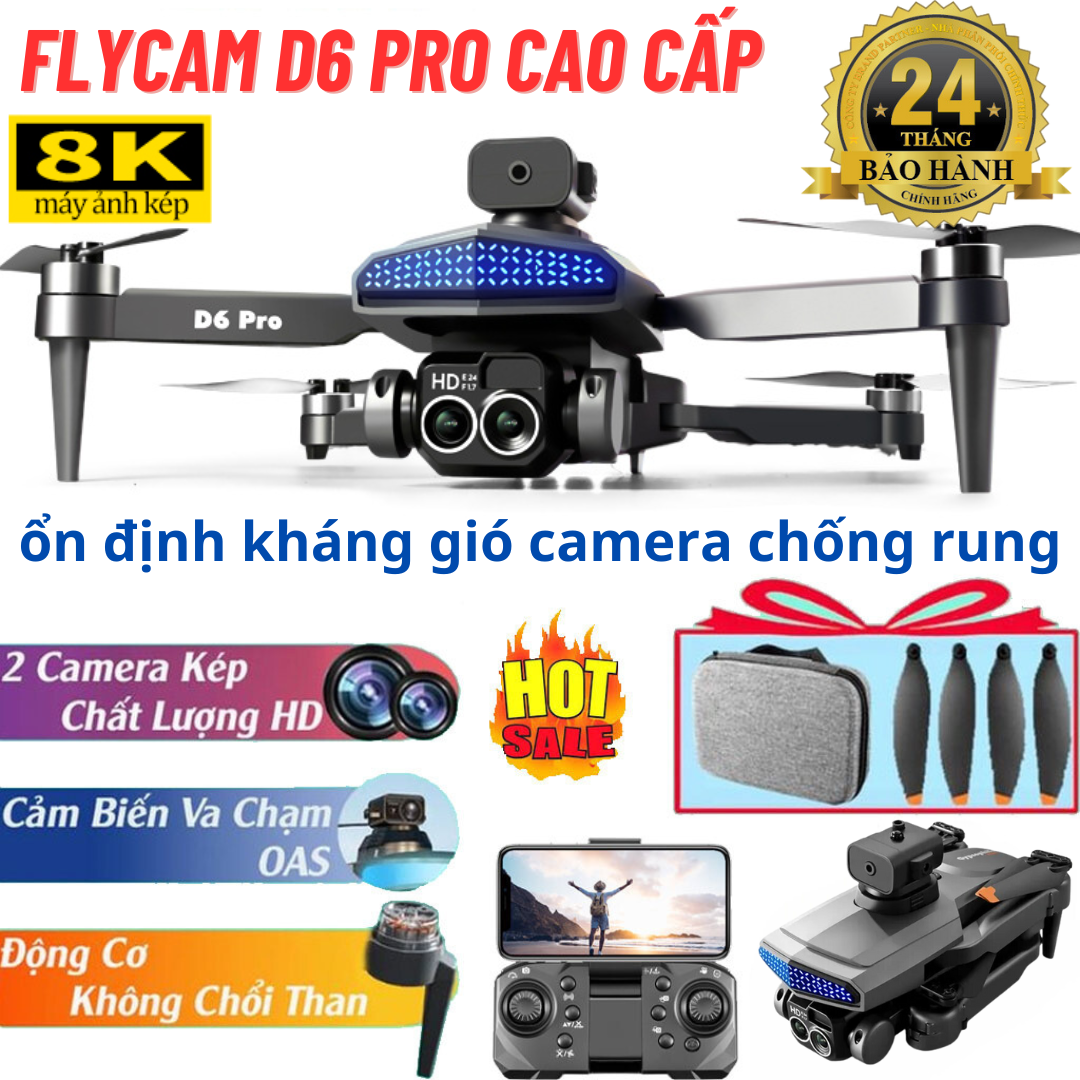 Flycam Mini Giá Rẻ Drone D6 Pro, Máy Bay Điều Khiển Từ Xa 4 Cánh, Play Camera Cao Cấp 2 Camera, Pin Lithium 2000mAh bay 25 Phút, Cảm Biến Chống Va Chạm