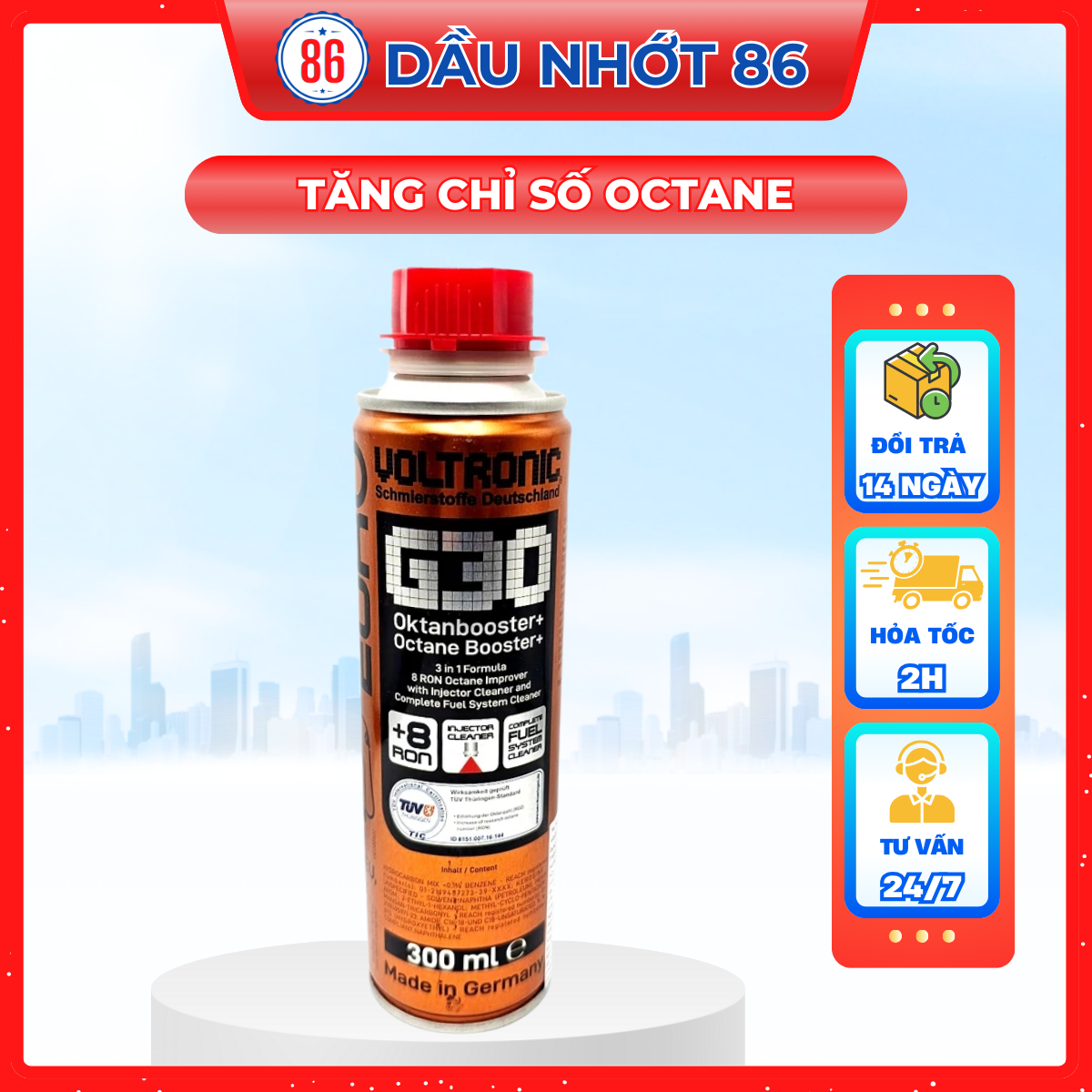 Phụ Gia Làm Tăng Chỉ Số OCTANE Xăng VOLTRONIC G30 OCTANE BOOSTER 300ml- Sản xuất tại Đức