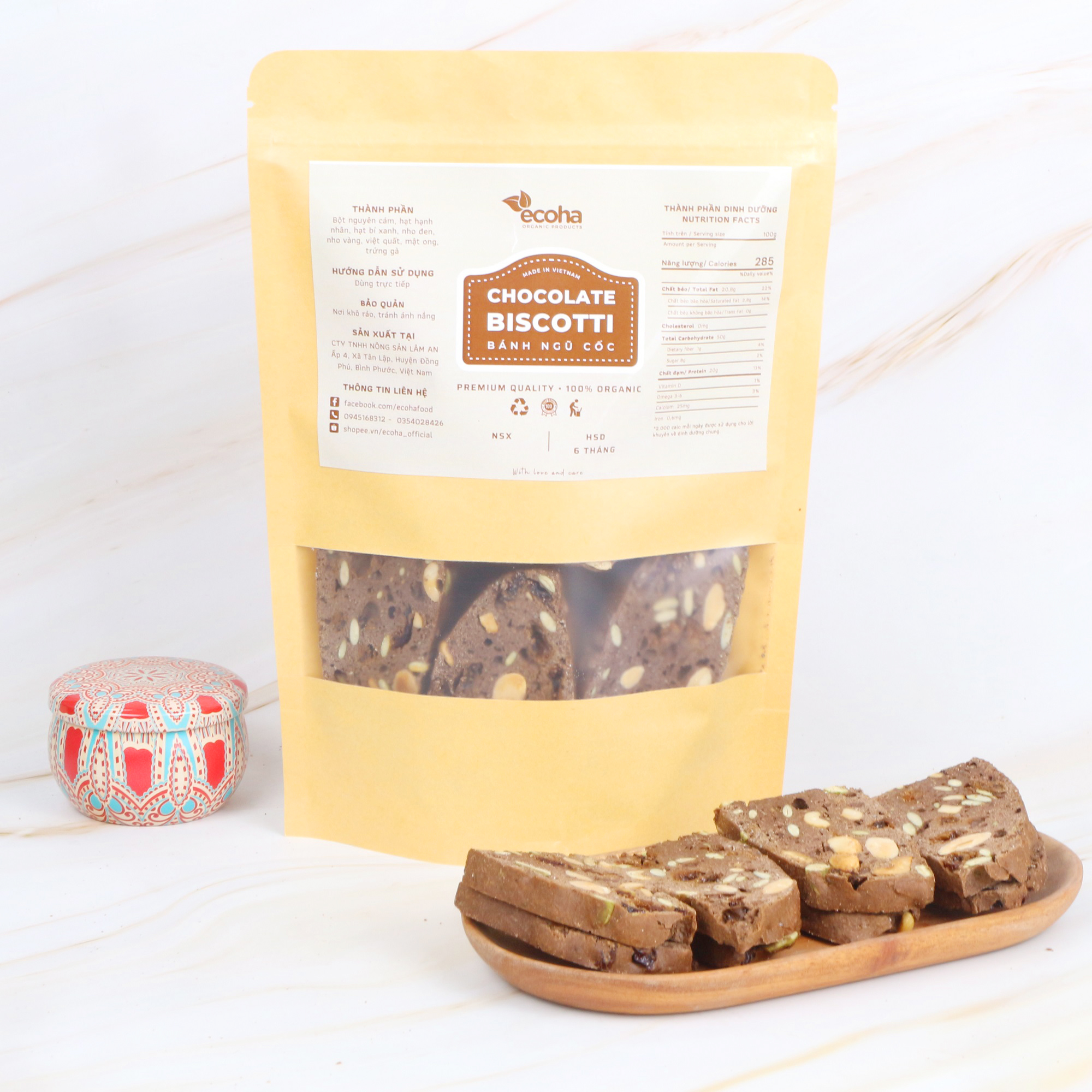 Bánh Biscotti nguyên cám siêu hạt vị Chocolate, Bánh ngũ cốc ăn kiêng giảm cân ECOHA