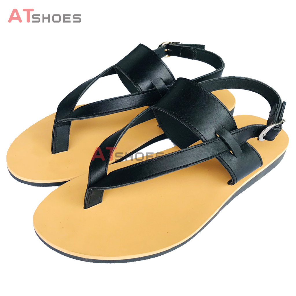 Dép Sandal Unisex cao cấp Da Bò Thật Sandal xỏ ngón nam nữ chuẩn kiểu Hàn Quốc Trẻ Trung Atshoes ATXN51 (Đen Đế Vàng)