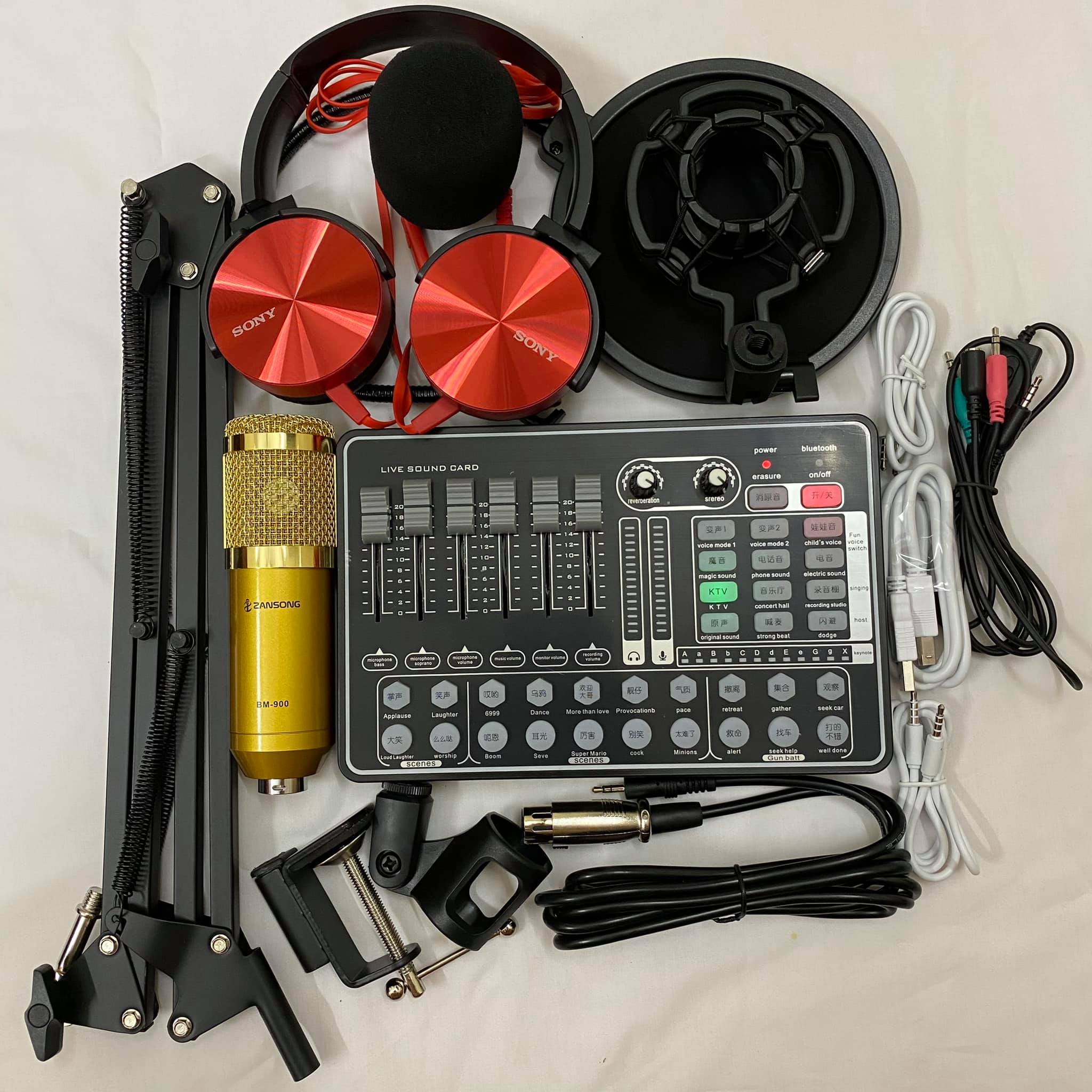 TRỌN BỘ COMBO Sound card H9 Bluetooth Auto Tune, Mic Livestream Thu Âm ZANGSONG BM900 ,Tặng ngay 1 tai nghe 450 + dây live 3 màu chân kẹp màng lọc có Hiệu ứng âm thanh khán giả, tương thích với nhiều thiết bị âm thanh