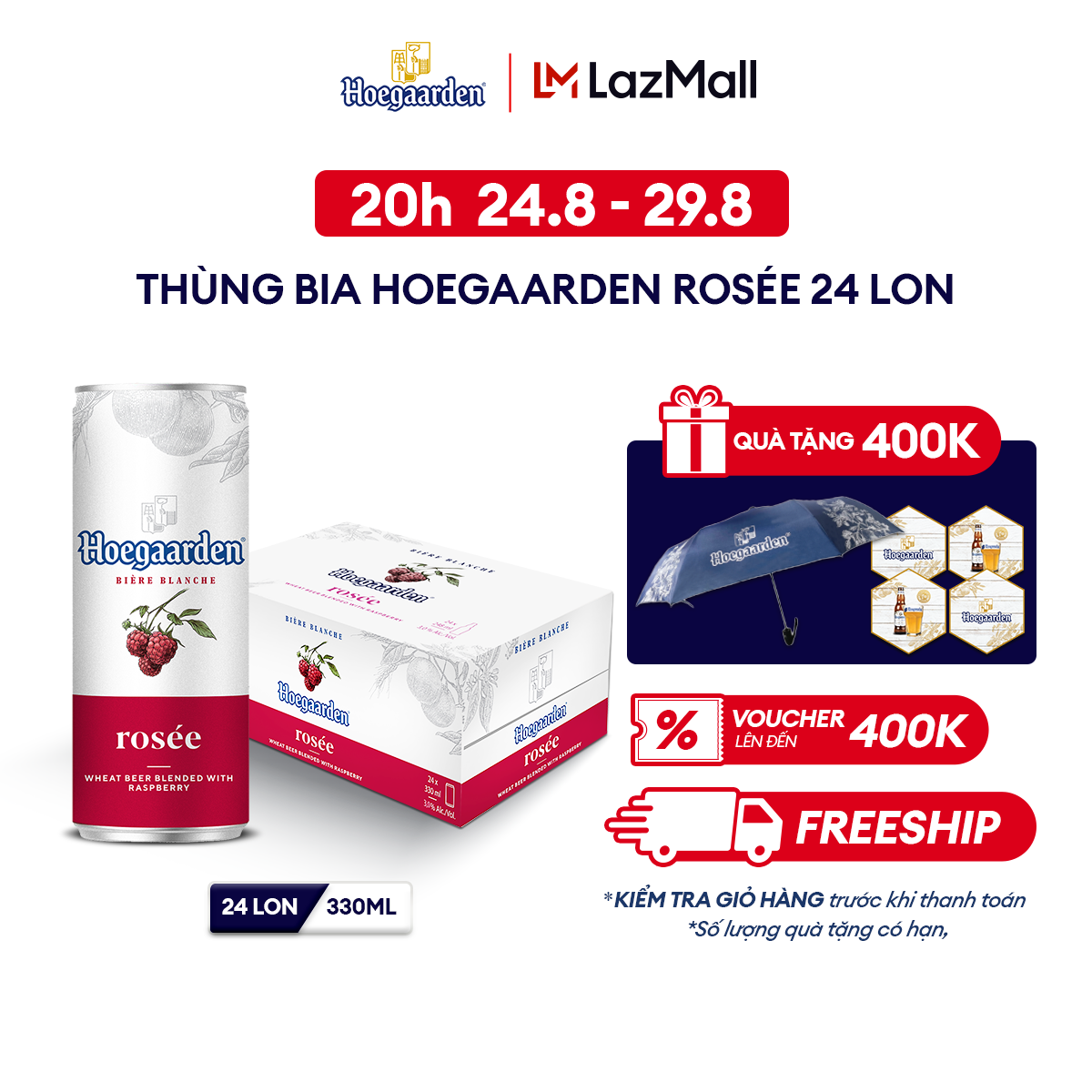 [20h 24.8 - 29.8 VC ĐẾN 100K+FS] Thùng 24 lon bia Hoegaarden Rosee (330ml/lon) [Date 12/2024]