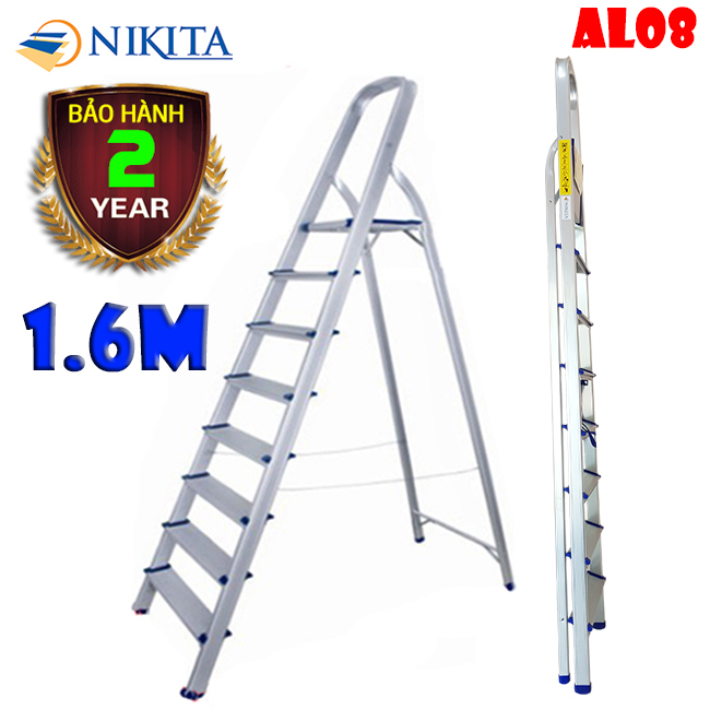 Thang nhôm tay vịn 8 bậc1.6m Nikita Nhật Bản AL08 thang gia đình, thang xếp gọn
