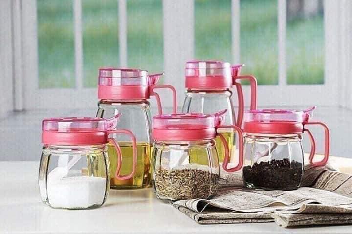 [combo5 hủ] Bộ 5 hủ thủy tinh đựng gia vị cao cấp tiện lợi- kệ đựng gia vị - bộ gia vị màu hồng