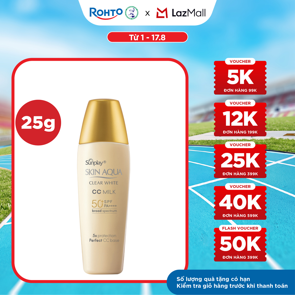 Kem chống nắng Skin Aqua trang điểm tạo nền trắng mịn  đều màu dạng sữa Sunplay Skin Clear White CC Milk SPF 50, PA++++ 25g