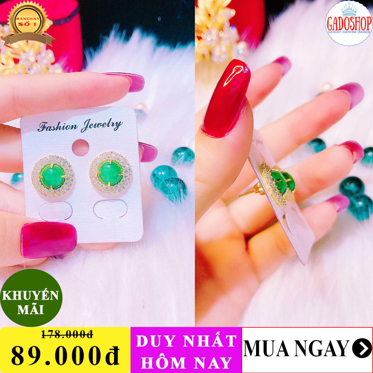 [GIÁ CỰC RẺ]Bông tai vàng đẹp, hoa tai nữ mạ vàng cao cấp hình tròn đá cẩm thạch xanh ngọc dát xoàn tấm viền đá pha lê sáng lấp lánh lung linh thiết kế sang trọng Trang sức Minshop VB17101946 - đeo đi đám cưới vô cùng quý phái (mới)