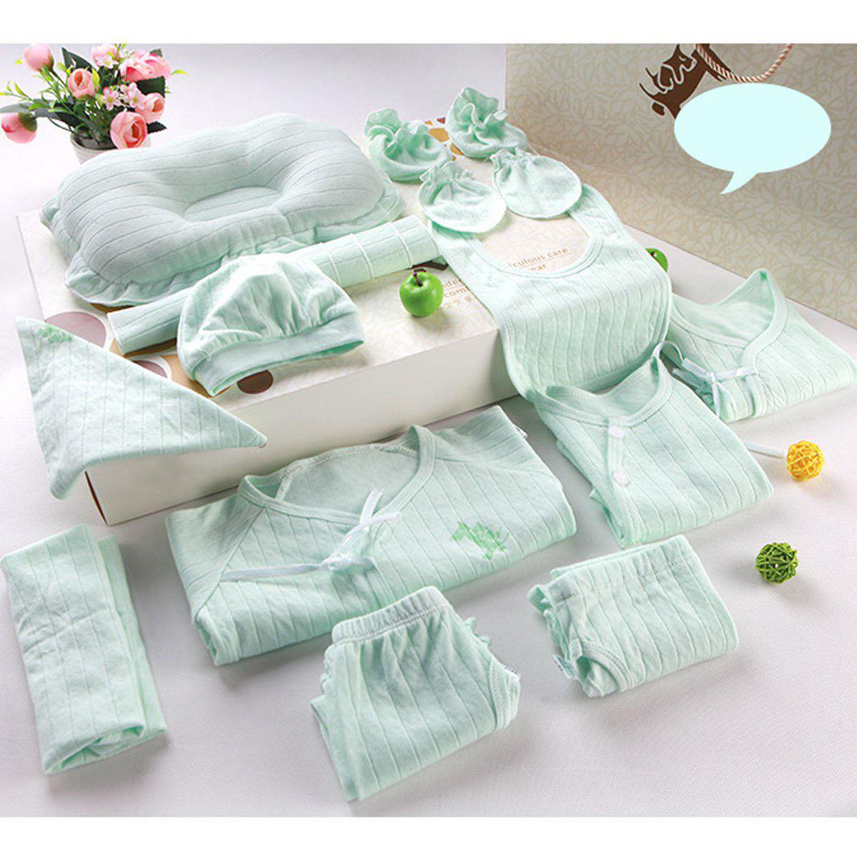 Set quà tặng đồ sơ sinh 18 món cao cấp cho bé trai màu xanh nhạt