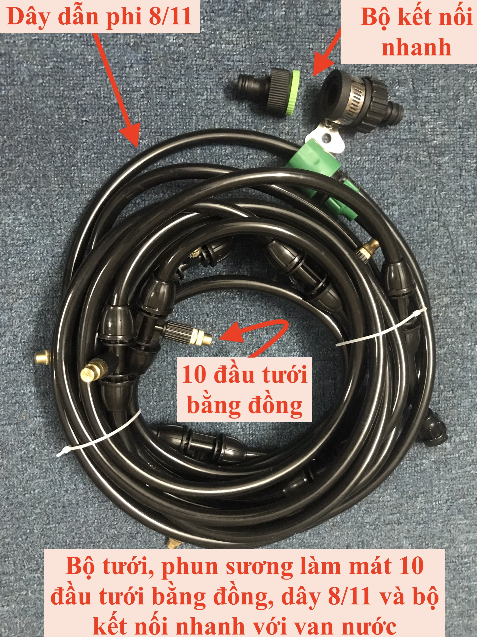 Hệ thống vòi tưới phun nước áp lực, phun sương, làm mát vườn, sân chơi, quán nhậu, nhà hàng, tưới nước khu vườn, tưới cây, tưới lan gồm 10 đầu phun sương bằng đồng có thể điều chỉnh + dây dẫn phi 8/11 + bộ kết nối nhanh với van nước cắm là chạy