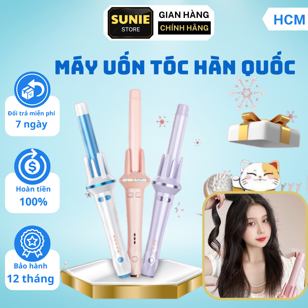 Máy uốn tóc xoăn tự động lona, máy uốn tóc gợn sóng chất liệu gốm cao cấp đường kính 28mm khuếch tán ion âm giúp bảo vệ tóc, tránh hư tổn tự động xoay 360 độ, máy uốn tóc tự động, máy uốn tóc xoăn sóng lơi máy tạo kiểu tóc