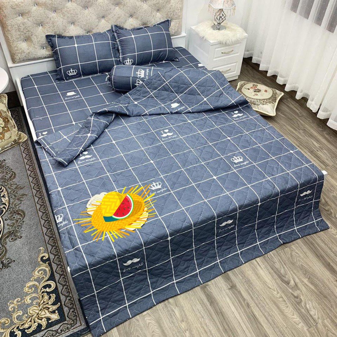 Bộ ga gối,ga trải giường 1m6/1m8 gồm 1ga 2 vỏ gối mẫu karo vương miện
