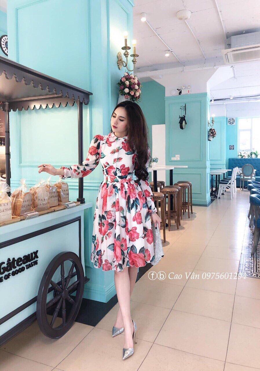 Đầm hoa voan tơ in hoa cao cấp-lns