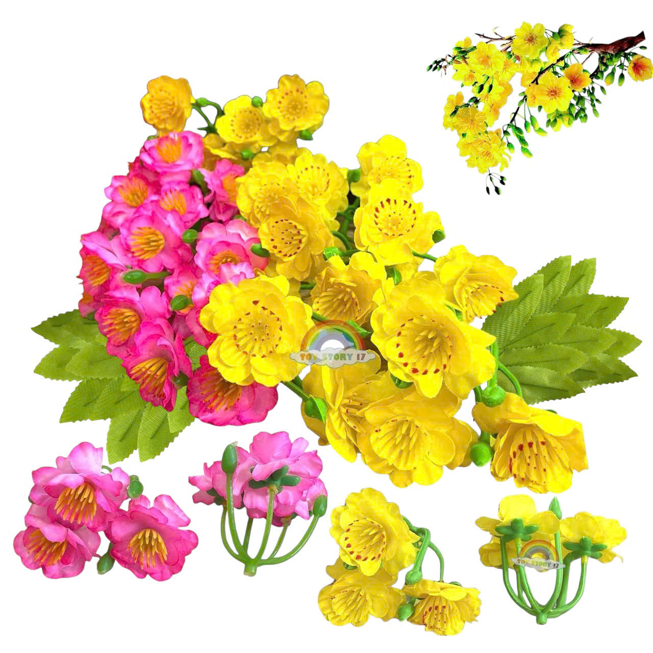 Set 25 chùm hoa Hoa Mai - Hoa Đào bằng Vải - Hoa Trang Trí Tết 2025