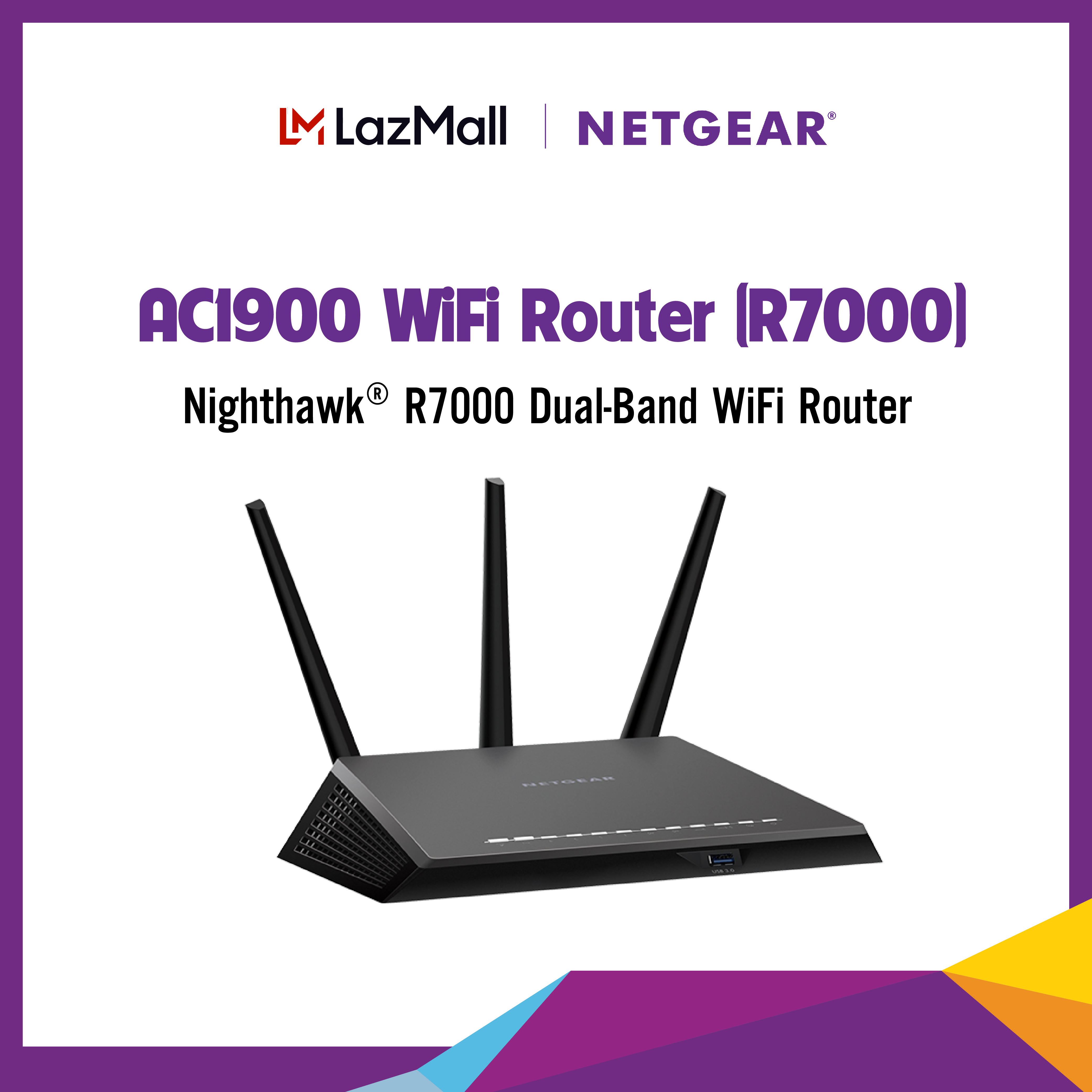 [Trả góp 0%]Bộ thiết bị phát sóng wifi Netgear R7000 Nighthawk AC1900 1300 Mbps 4-Port Gigabit Wireless hỗ trợ đến 32 thiết bị trên mỗi băng tần (tổng 64 thiết bị) tối ưu cho game video HD