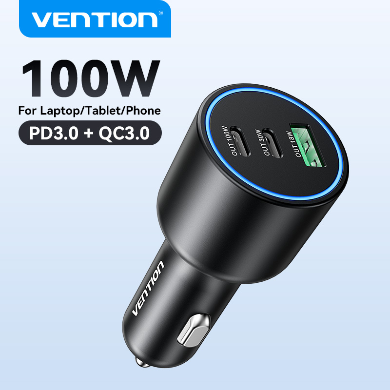 Vention Bộ Sạc Xe Hơi 100W 165W Sạc Nhanh 3 Cổng Type C USB A có đèn LED báo hiệu cho SAMSUNG S24 S23 S22 Ultra iPhone 16 15 Pro Max Huawei Xiaomi Laptop Tablet Củ sạc ô tô Car Charger