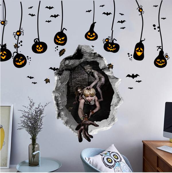 COMBO DECAL DÁN TƯỜNG - Rèm dây kết hợp Tranh 3D lễ hội HALLOWEEN