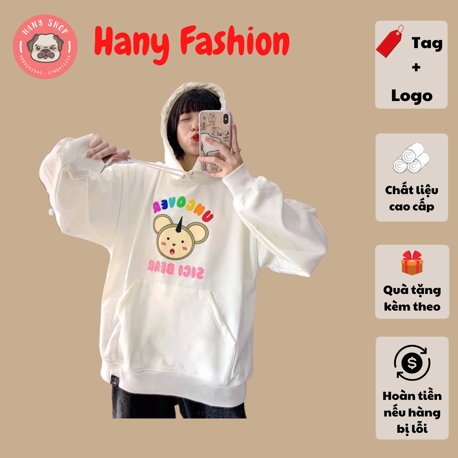 Áo hoodie form rộng nam nữ Uncover Sici Bear màu trắng chất nỉ bông 2 lớp dày mịn giữ ấm tốt Hany Fashion AH10