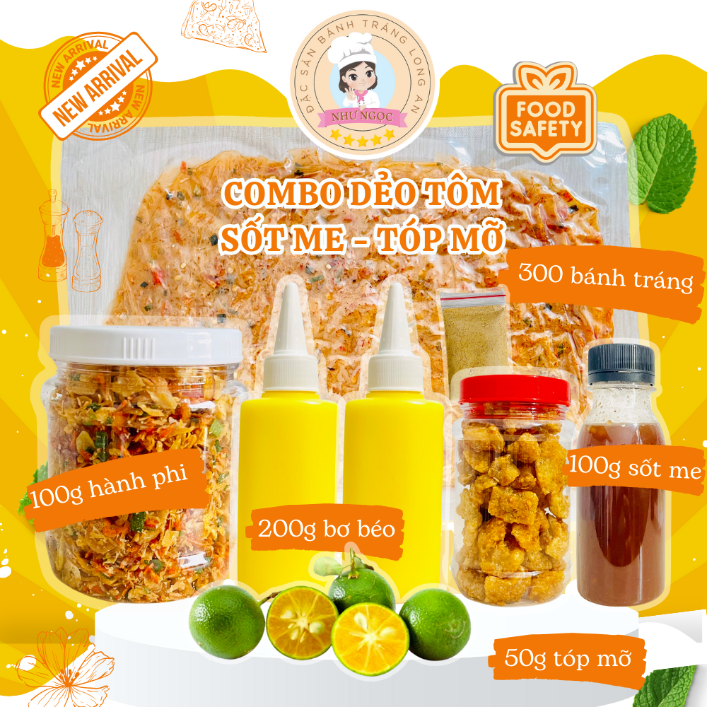 COMBO BÁNH TRÁNG DẺO TÔM: Bánh tráng phơi sương - Đồ ăn vặt Như Ngọc 700g - Gồm 300g Bánh Tráng tôm dẻo + 200g bơ béo + 100g Tôm Hành Phi loại 1 + 100G Sốt Me + Tặng 1 bịch muối tôm nhuyễn Tây Ninh - Siêu chất lượng