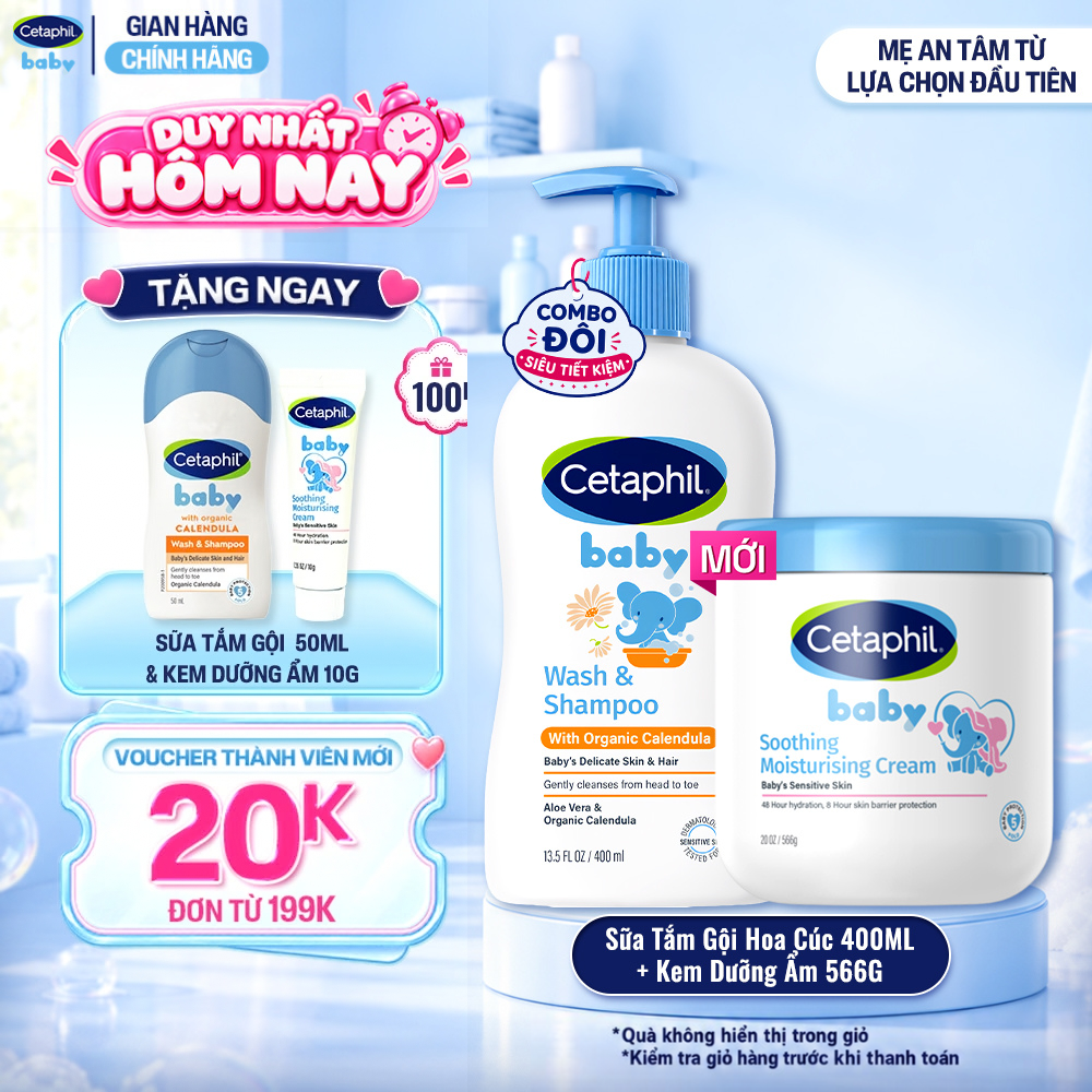 Combo Sữa tắm dưỡng ẩm dịu lành cho bé với Calendula hoa cúc hữu cơ CETAPHIL BABY WSHAMPOO CALENDULA 400ML  Kem làm dịu và dưỡng ẩm cho bé Cetaphil Baby Soothing  Moisturising Cream hũ 566g